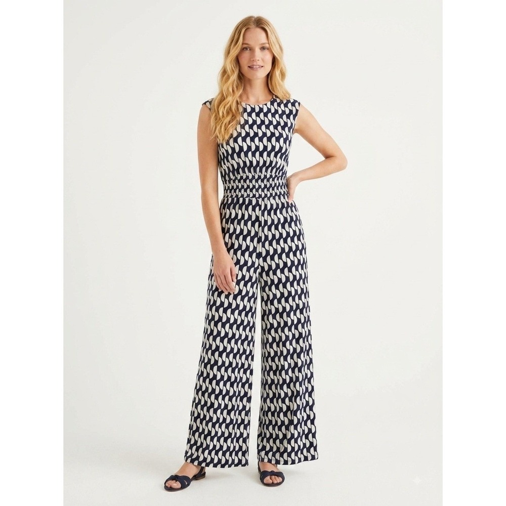 Boden 6P "Thea" Jumpsuit Navy White Geo Wave Boatneck Sleeveless Preppy